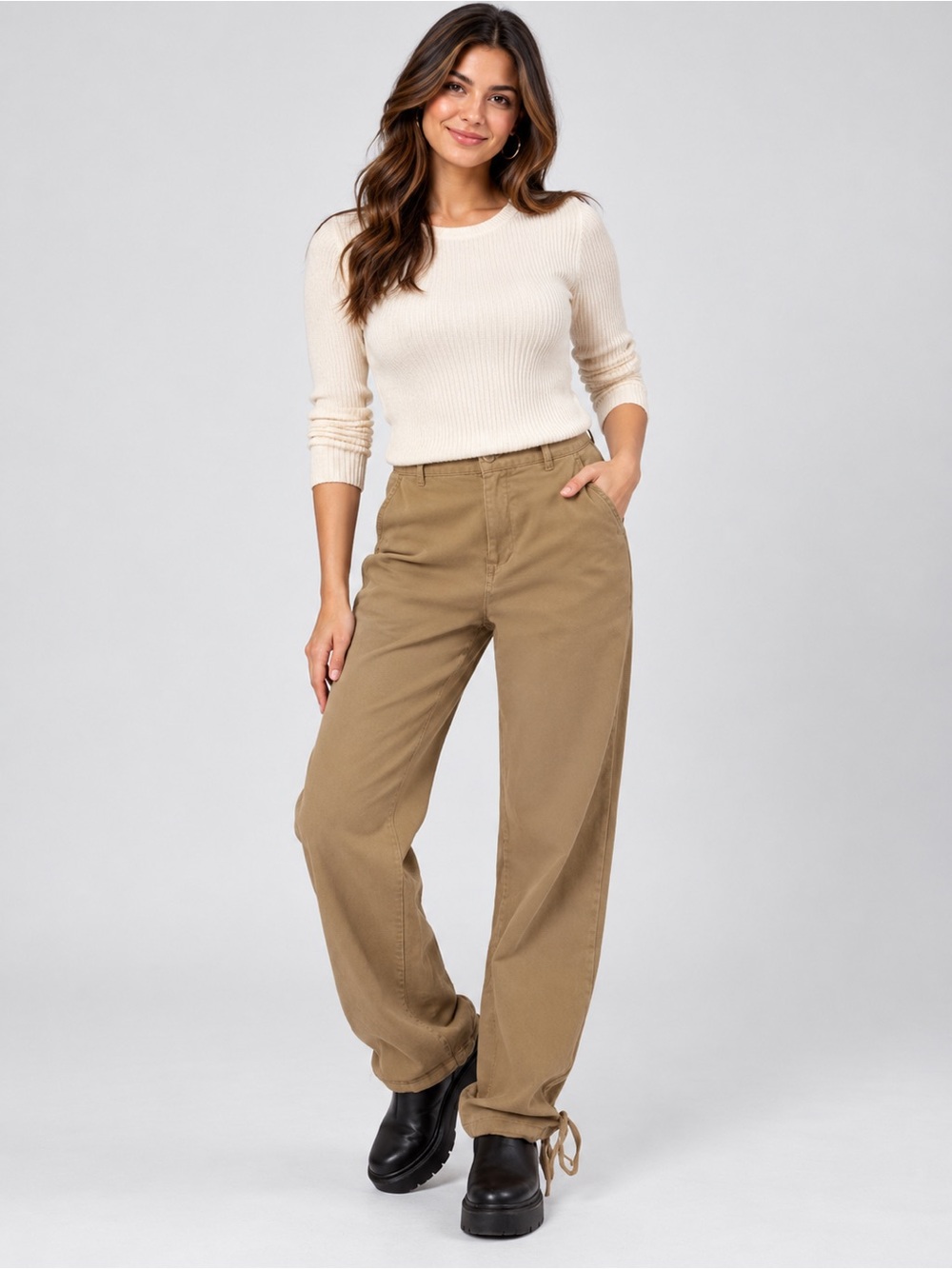 Mandalay &Co. Ankle Tie Drawstring Hem Utility Pants Tan Khaki High Rise S,M,L